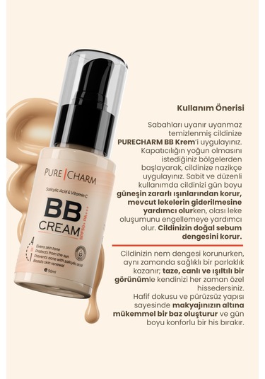 Pure Charm Salicylic Acid Uva Uvb Koruması Nemlendirici Kapatıcı BB Krem SPF50 Pa+++ PC20 50 ML