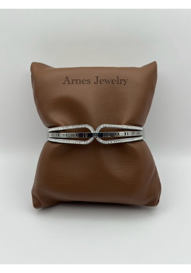 Arnes Jewelry Çelik Silver Roma Rakamlı Kelepçe Bileklik Ar10 Silver
