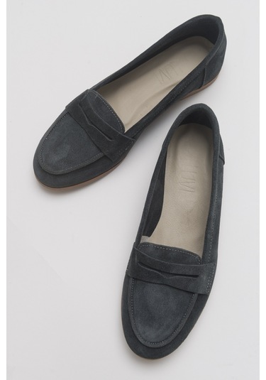 F02 Füme Süet Hakiki Deri Kadın Loafer Ayakkabı Füme