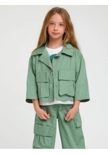 Kız Çocuk Erkek Yaka Cepli İki Düğmeli Ceket-15124 Yeşil