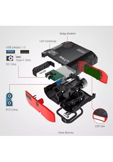 Utrai Jstar 5 24000 mAh 2000A Jump Starter + Lastik Şişirme Pompası Taşınabilir Akü Takviye Cihazı Seti