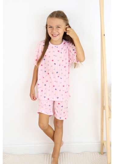 Kız Çocuk Pamuklu Penye Kumaş Şortlu Pijama Takımı Beyaz - Pembe