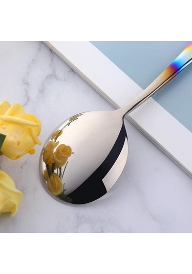 Fastbuy Et Suyu Kaşık Seti, 7 Yuvarlak Çorba Kaşıkları, Paslanmaz Çelik, Degrade Gökkuşağı Renk