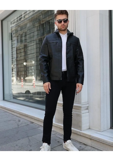 Erkek Kapüşonlu Siyah Deri Mont 001