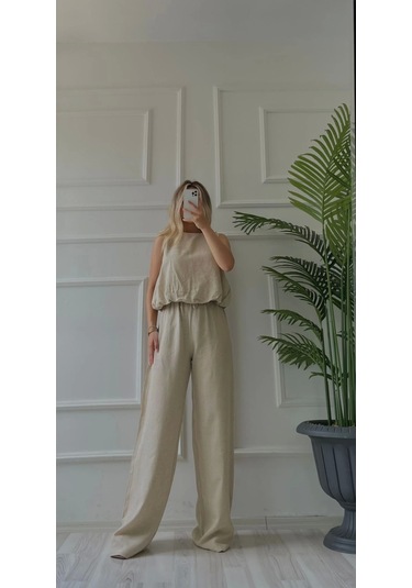 Kadın Eteği Balon Dar Kemerli Keten İkili Takım Bej