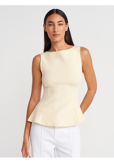 Dilvin 21001 Kayık Yaka Peplum Top-açık Sarı Açık Sarı