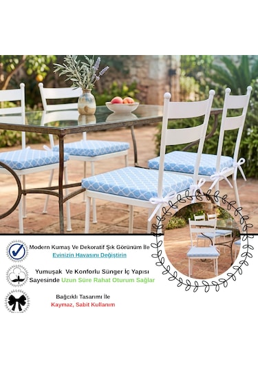 2 Adet 40x40 Cm Mavi Bağcıklı Sandalye Minderi Pamuk Polyester Mutfak Ve Bahçe Minderi