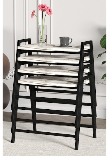 Zigon Sehpa , Aden 4'lü Tepsi Zigon Sehpa Takımı Siyah Metal - Beyaz Mermer Tabla Siyah-beyaz Mermer