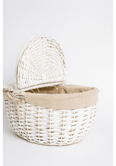 Beyaz Hasır Piknik Sepeti 40x30x19 Cm Kapaklı Termoform Sepet Krem Kumaş Detaylı Beyaz