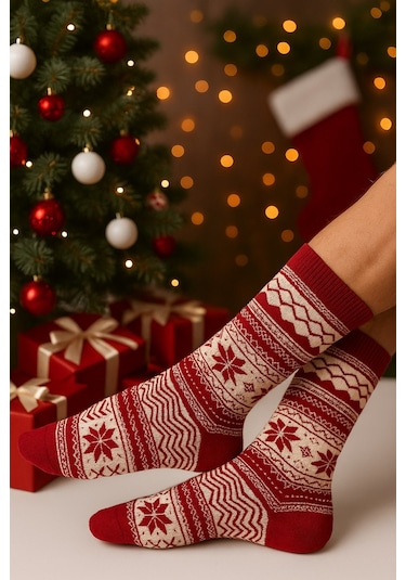 Plus Scorpion Erkek Yılbaşı Soket Çorap Pamuklu, Desenli, Sıcak Tutan Noel Temalı 40-45 Numara Kırmızı