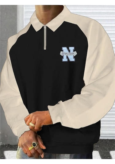 Unisex Ny Baskılı Oversize Polo Yaka Fermuarlı Sweatshirt 001