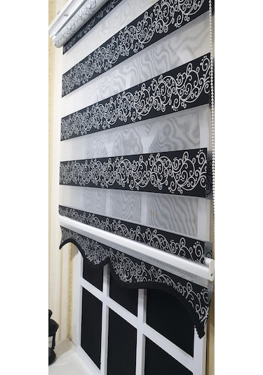 Zebra Stor Perde Siyah Sarmaşık Desen Gümüş Simli Etek Dilimli Stb9300 V 03