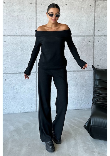 Modagen Selanik Kumaş Madonna Yaka Alt Üst Pantolonlu Takım Siyah