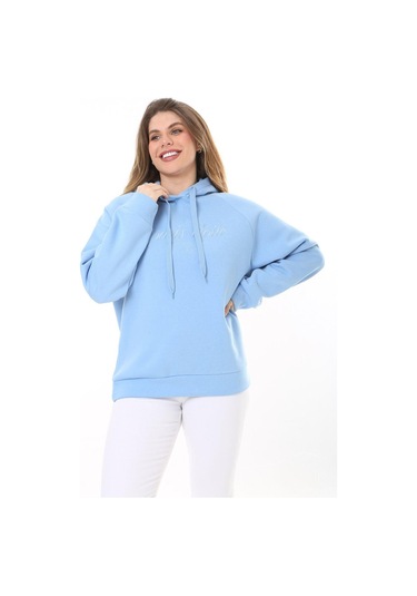 Kadın Büyük Beden Bebe Mavisi İçi Şardonlu 3 İplik Kumaş Kapşonlu Sweatshirt 65n37575-bebe Mavisi Bebek Mavisi