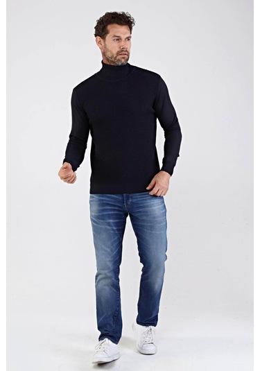 Çizgi Triko Erkek Tam Balıkçı Yaka Pamuklu Triko Kazak 4669E Laci Lacivert