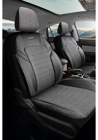 Siyah - Gri Butti Lino Serisi Keten Kumaş Premium Oto Koltuk Kılıfı Ortopedik Destekli, Ön Arka Tam Set
