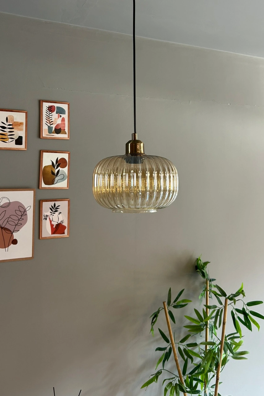 Mola Cam Bal Rengi Tekli Avize Yarım Lale Başlık Retro Sarkıt Lamba Restoran Salon Aydınlatma Bal