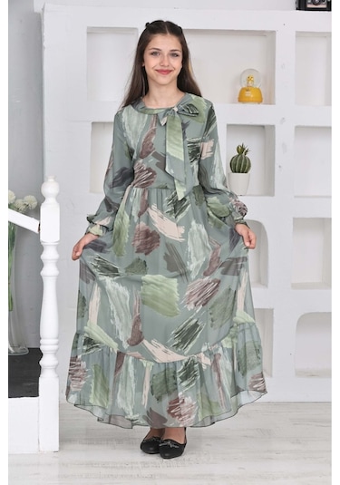 Genç Kız Pamuk Astarlı Şifon Kumaş Uzun Tam Boy Tesettür Elbise Yeşil
