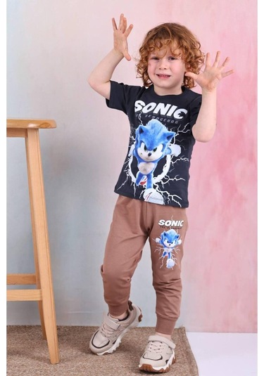 Erkek Çocuk Sonicc Desenli Kısa Kollu Tshırt Eşofman 2'li Takım-997 Antrasit