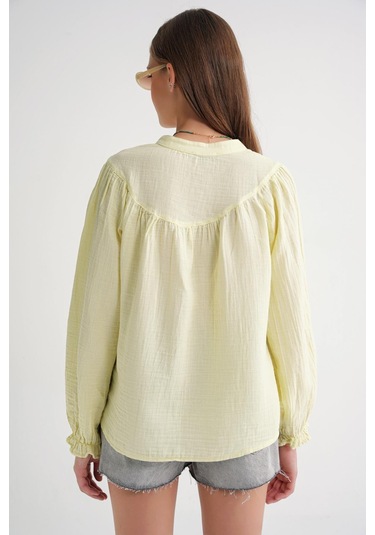 4733 Kadın Büzgü Robalı Uzun Kol Müslin Gömlek Tereyağı Sarısı Tereyağı Sarısı