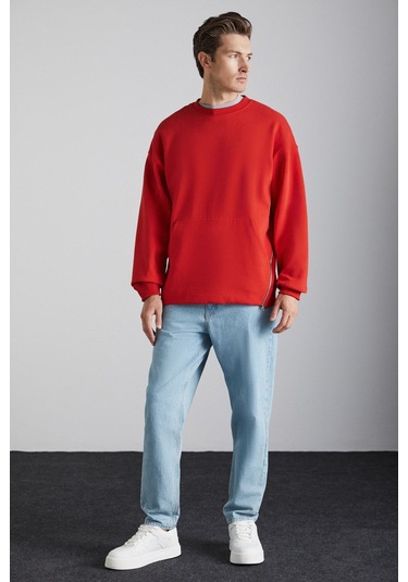 GRIMELANGE Santıagos Erkek Kangruru Cepli Fermuar Detaylı Arkası Yazı Baskılı Kırmızı Sweatshirt Kırmızı