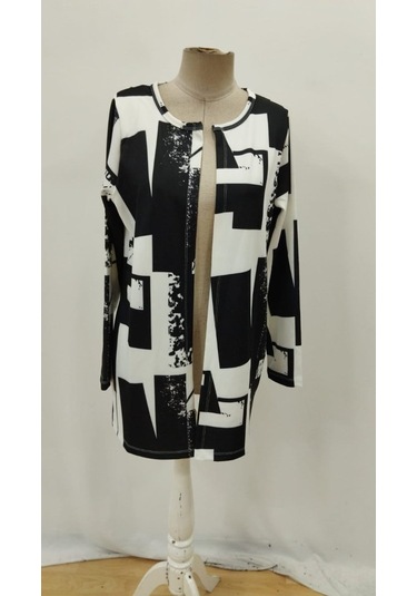 Kadın Uzun Kollu Önü Açık Desenli Modal Kısa Ceket Siyah