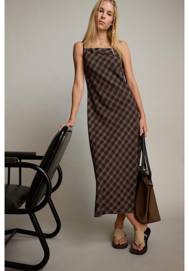 Defacto Coool Çapraz Yaka Kareli Askılı Midi Elbise E4397ax25aubn549 Kahve