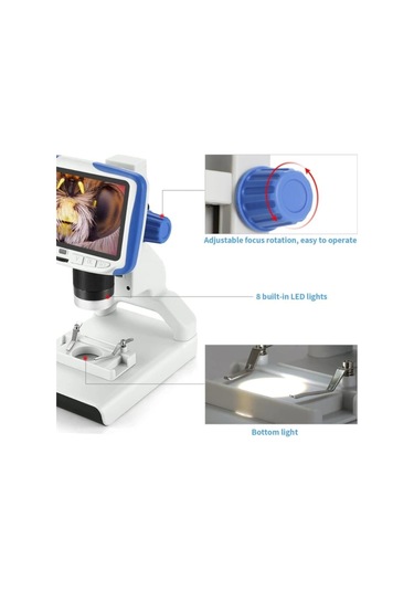 Dijital Masaüstü Mikroskop Kumandalı 2 Mp 5 İnç Lcd Ekran 8 Led Işık Biyolojik Mikroskop Hassas Görüntü