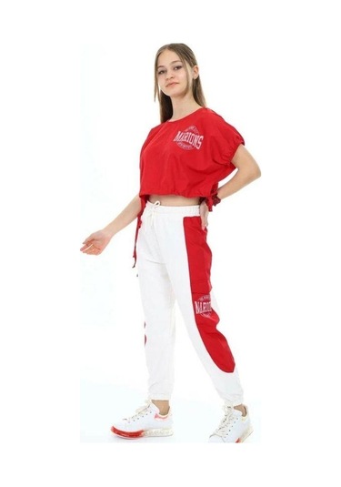 Kız Çocuk Yanları Şerit Detaylı Kargo Cepli Eşofman Altı-13738 Beyaz