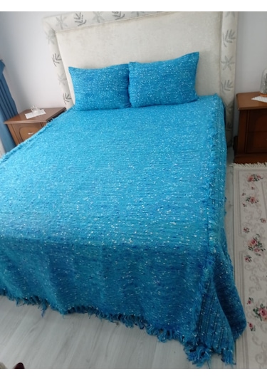 Tavşan Tüyü El Dokuma Çift Kişilik Yatak Örtüsü 280x260 -mavi Mavi