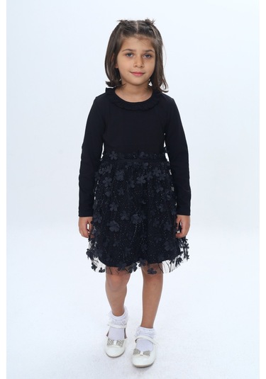 Toontoy Kız Çocuk Yaka Fırfır Etek 34 Çiçekli Tüllü Elbise Siyah