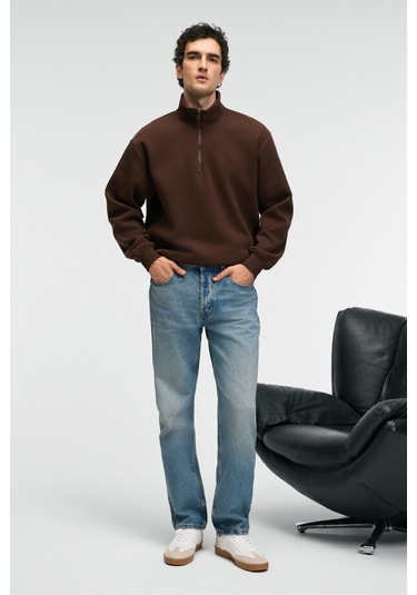 BAXTER Erkek Dik Yakalı Fermuarlı Relaxed Kahverengi Sweatshirt