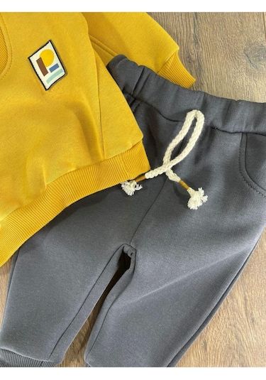 3 İplik İçi Şardonlu Armalı Kışlık Erkek Bebek Takım Koyu Hardal