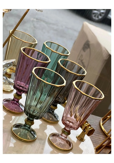 6 Lı Flüt Renkli Yaldızlı Kahve Yanı Su Bardağı Bardak