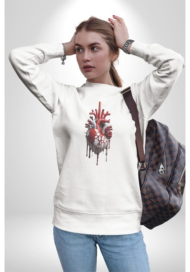 Kırmızı Beyaz Kalp Toplar Damar Unisex Beyaz Baskılı Sweatshirt Beyaz