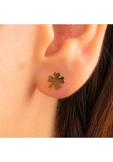 Altın Küpe - 14 Ayar Altın Minimal Yonca Yaprağı Küpe Sarı