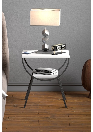 Yan Sehpa Komodin Metal Ayak Beyaz Beyaz Düz