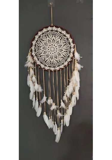 Büyük Boho Rüya Yakalayıcı Beyaz Tüy Ve Boncuk Duvar Askısı Vintage Düğün Ev Dekoru 40 Cm Daire 110 Cm Uzunluk