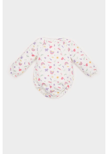 DeFacto Kız Bebek Yenidoğan Bisiklet Yaka Gökkuşağı Baskılı Waffle Uzun Kollu Çıtçıtlı Body E2381A525SPER105 Ekru