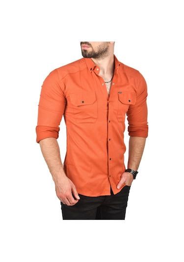Deepsea Erkek Kiremit Slim Fit Dar Kesim Pamuklu Spor Gömlek Çıtçıtlı Likralı Gabardin Gömlek 2300421 Kiremit