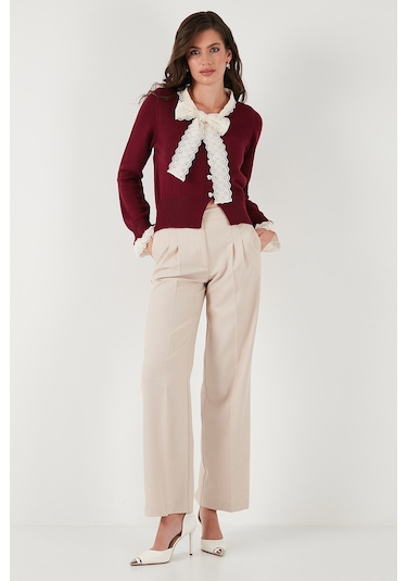 Lela Premium Dantelli Bağlamalı Yaka Regular Fit Düğmeli Triko Bayan Hırka 680Hi00251 Bordo