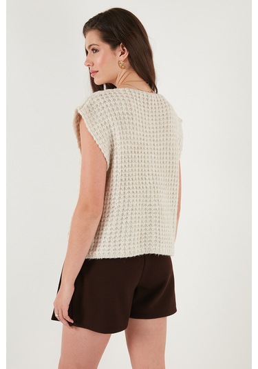 Lela Premium Oversize Fit Bisiklet Yaka Düğmeli Örgü Bayan Yelek 680Yl1416 Taş