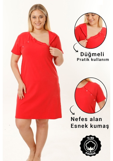 Ms Hamile İç Giyim Hamile Emzirme Geceliği Kısa Kollu Kırmızı