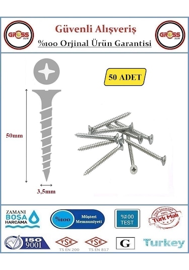 Sunta Vidası - Sivri Uçlu Ahşap Sunta Vidası - 3.5x50mm - 50 Adet 3,5x50