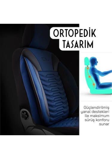 Panda Paris Serisi Pike Kumaş Oto Koltuk Kılıfı Tam Set Mavi - Siyah