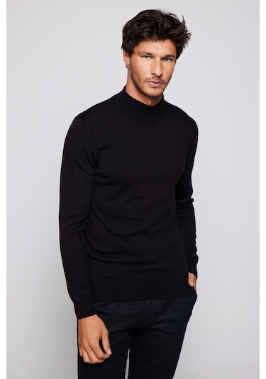 Tudors Erkek Slim Fit Dar Kesim Yarım Balıkçı Yaka Tüylenmeyen Yumuşak Dokulu Siyah Kazak-28773-siyah Siyah