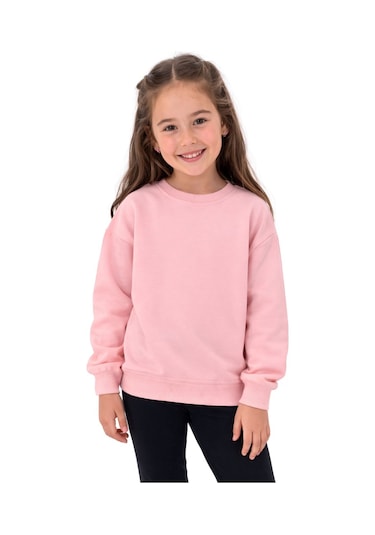Kız Çocuk Basic Düz Pudra Renk Fırçalı %100 Pamuk Sweatshirt Pudra