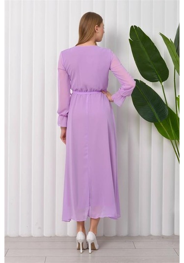 Kadın Kuşaklı Uzun Şifon Elbise Dpkts003 Lila