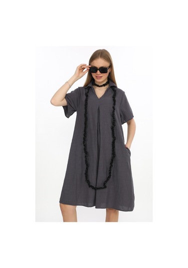 Yarım Kol V Yaka Keten Elbise-9164 Antrasit