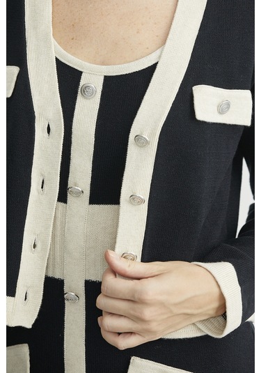 Blok Geçişli Elbise Hırka Triko Takım - Taş Taş